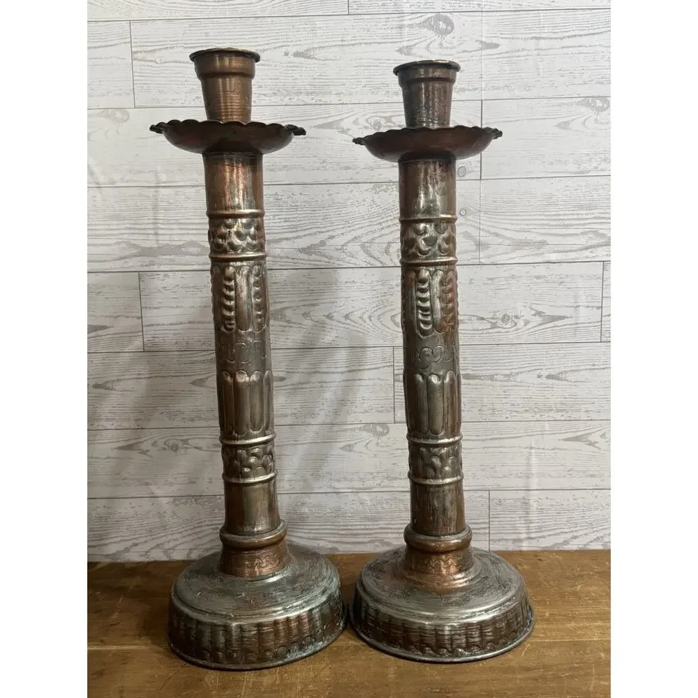2 Large Metal Ornate Candlesticks with Handle Great Patina
